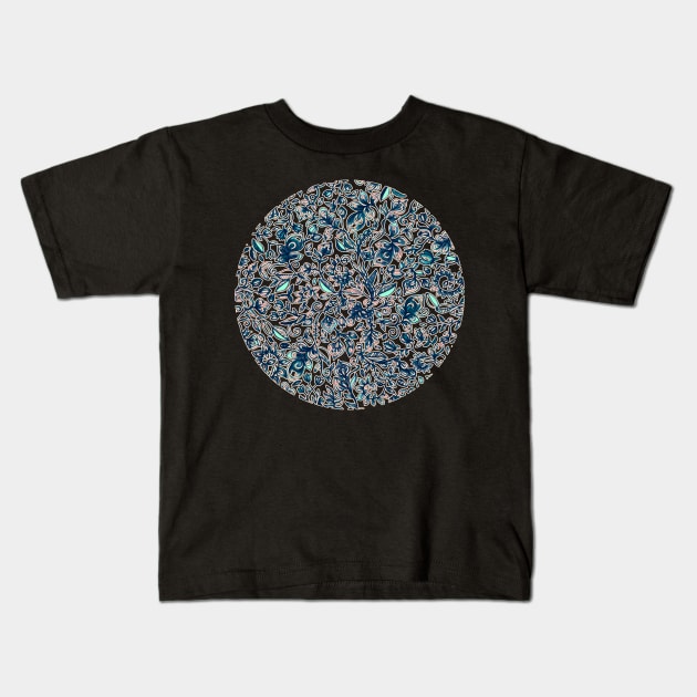 Teal Garden - floral doodle pattern in cream & navy blue Kids T-Shirt by micklyn